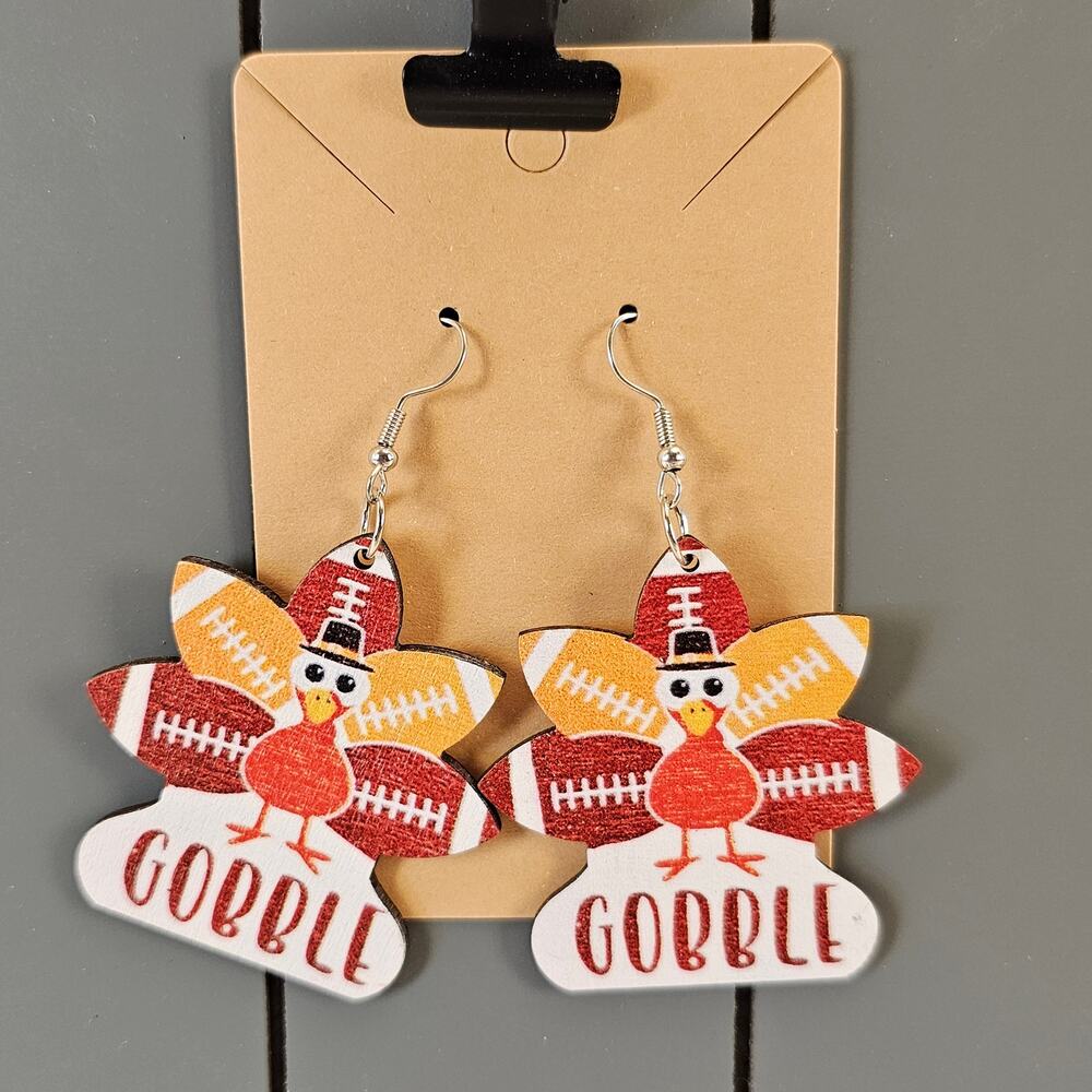 Wooden Thanksgiving Turkey Football Gobble Dangle Earrings 2" Orange Red Yellow
